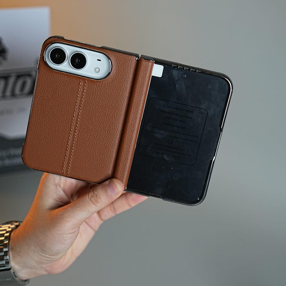 FRATO iPhone Fold Middle Stitched Leather Texture Case for iPhone Duo with Front Glass &amp; Hinge Protection