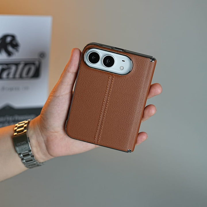 FRATO iPhone Fold Middle Stitched Leather Texture Case for iPhone Duo with Front Glass &amp; Hinge Protection