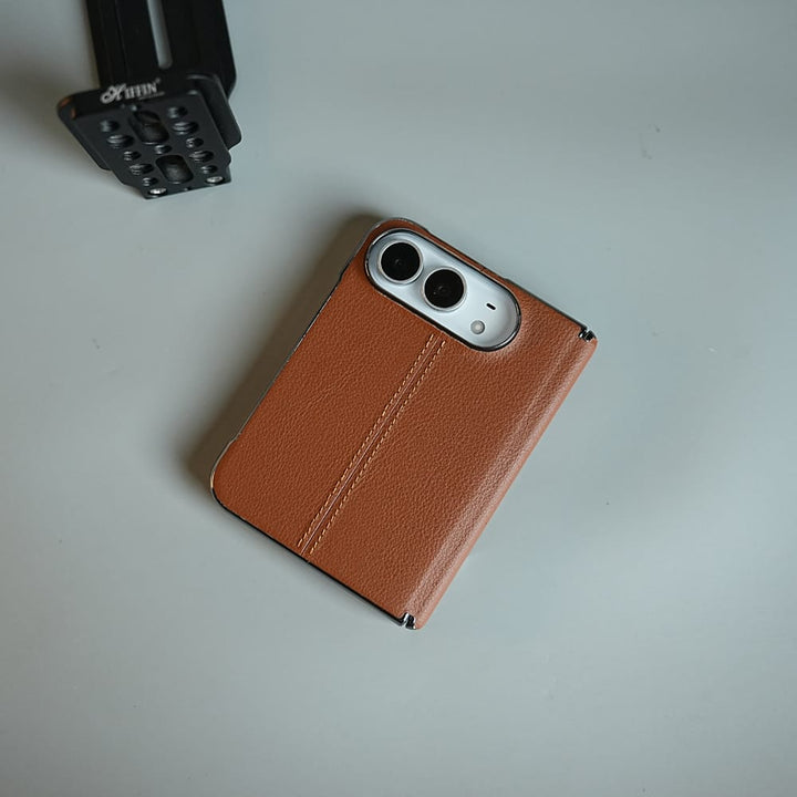 FRATO iPhone Fold Middle Stitched Leather Texture Case for iPhone Duo with Front Glass &amp; Hinge Protection