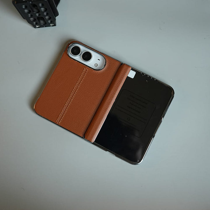 FRATO iPhone Fold Middle Stitched Leather Texture Case for iPhone Duo with Front Glass &amp; Hinge Protection
