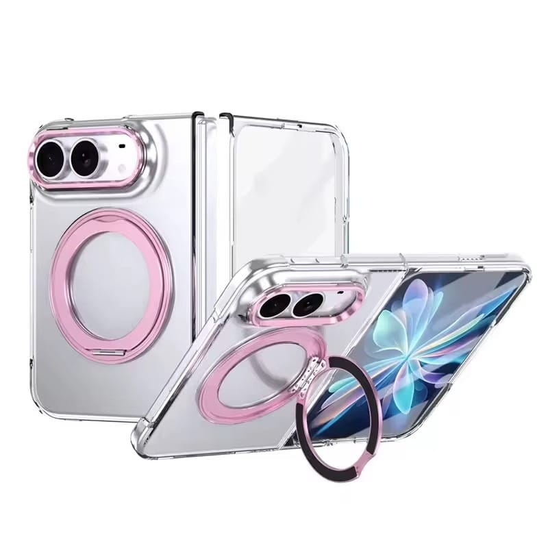 FRATO iPhone Fold Pink Premium 360° Rotating Ring Stand Case for iPhone Duo | Crystal Clear Cover with Camera Protection &amp; Built-In Front Glass