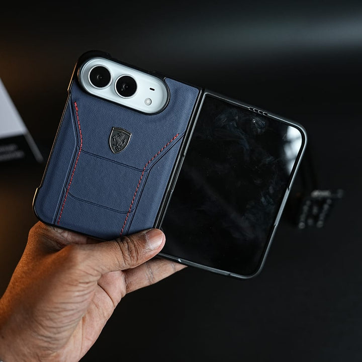 FRATO iPhone Fold Racing-Inspired Leather-Texture Case for iPhone Duo | Sporty Stitching &amp; Shield Emblem Design