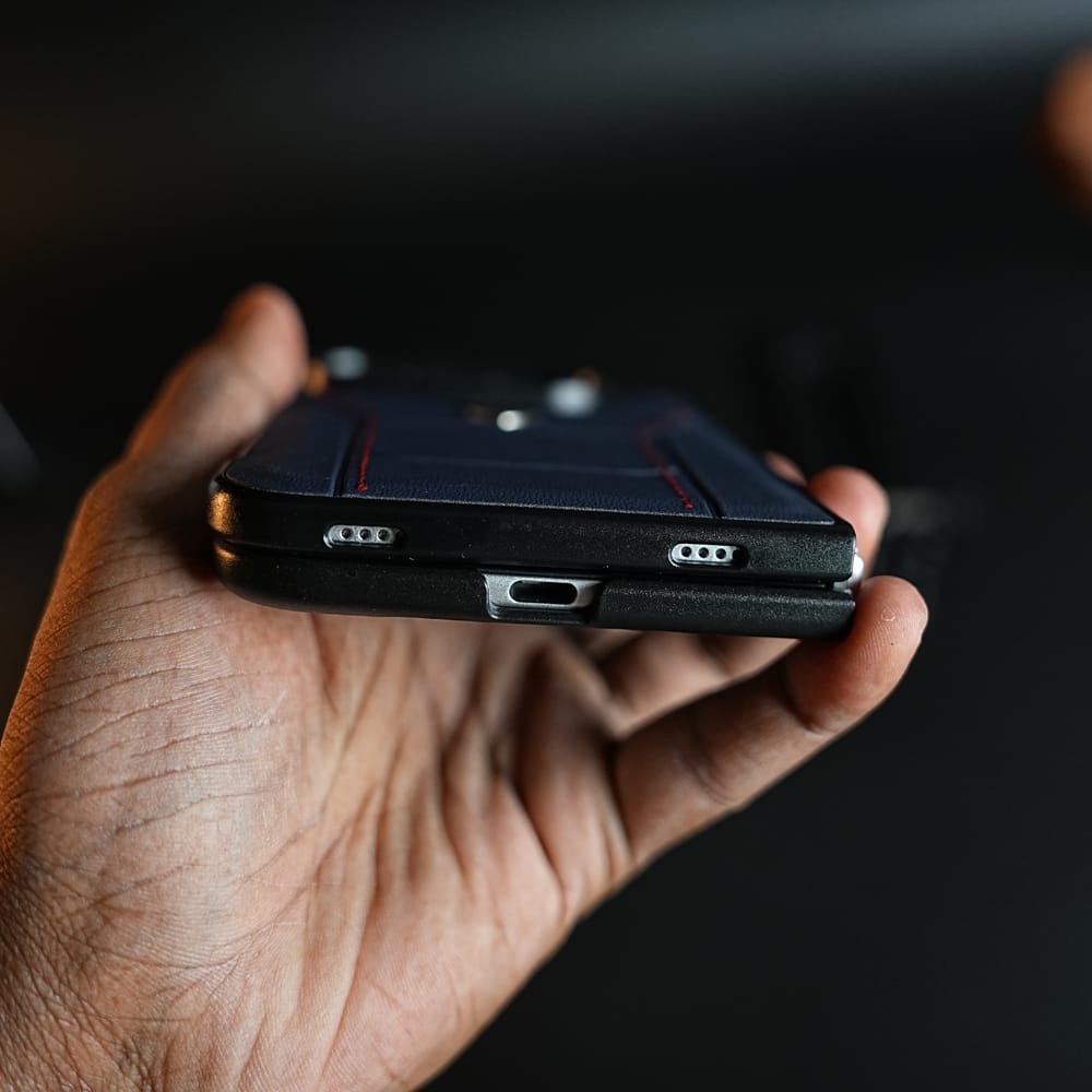 FRATO iPhone Fold Racing-Inspired Leather-Texture Case for iPhone Duo | Sporty Stitching &amp; Shield Emblem Design