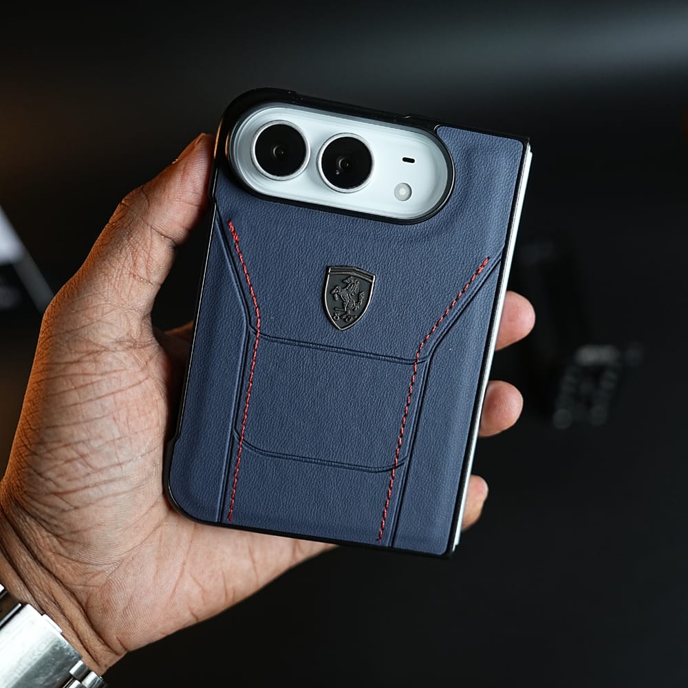 FRATO iPhone Fold Racing-Inspired Leather-Texture Case for iPhone Duo | Sporty Stitching &amp; Shield Emblem Design