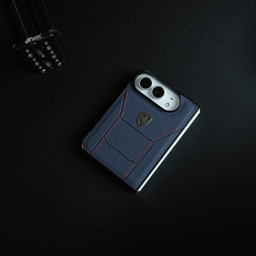 FRATO iPhone Fold Racing-Inspired Leather-Texture Case for iPhone Duo | Sporty Stitching &amp; Shield Emblem Design