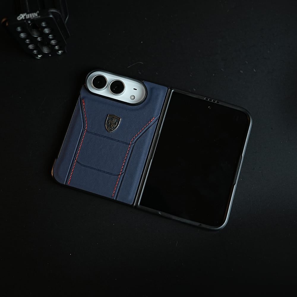 FRATO iPhone Fold Racing-Inspired Leather-Texture Case for iPhone Duo | Sporty Stitching &amp; Shield Emblem Design