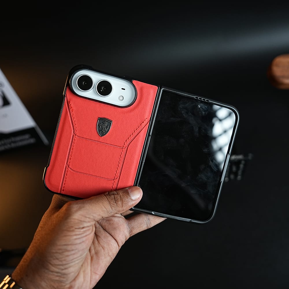 FRATO iPhone Fold Racing-Inspired Leather-Texture Case for iPhone Duo | Sporty Stitching &amp; Shield Emblem Design