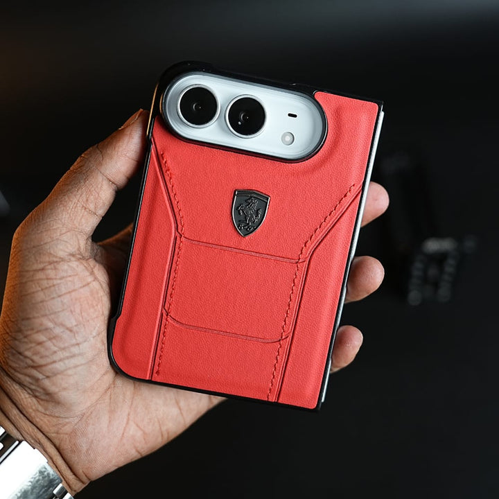 FRATO iPhone Fold Racing-Inspired Leather-Texture Case for iPhone Duo | Sporty Stitching &amp; Shield Emblem Design