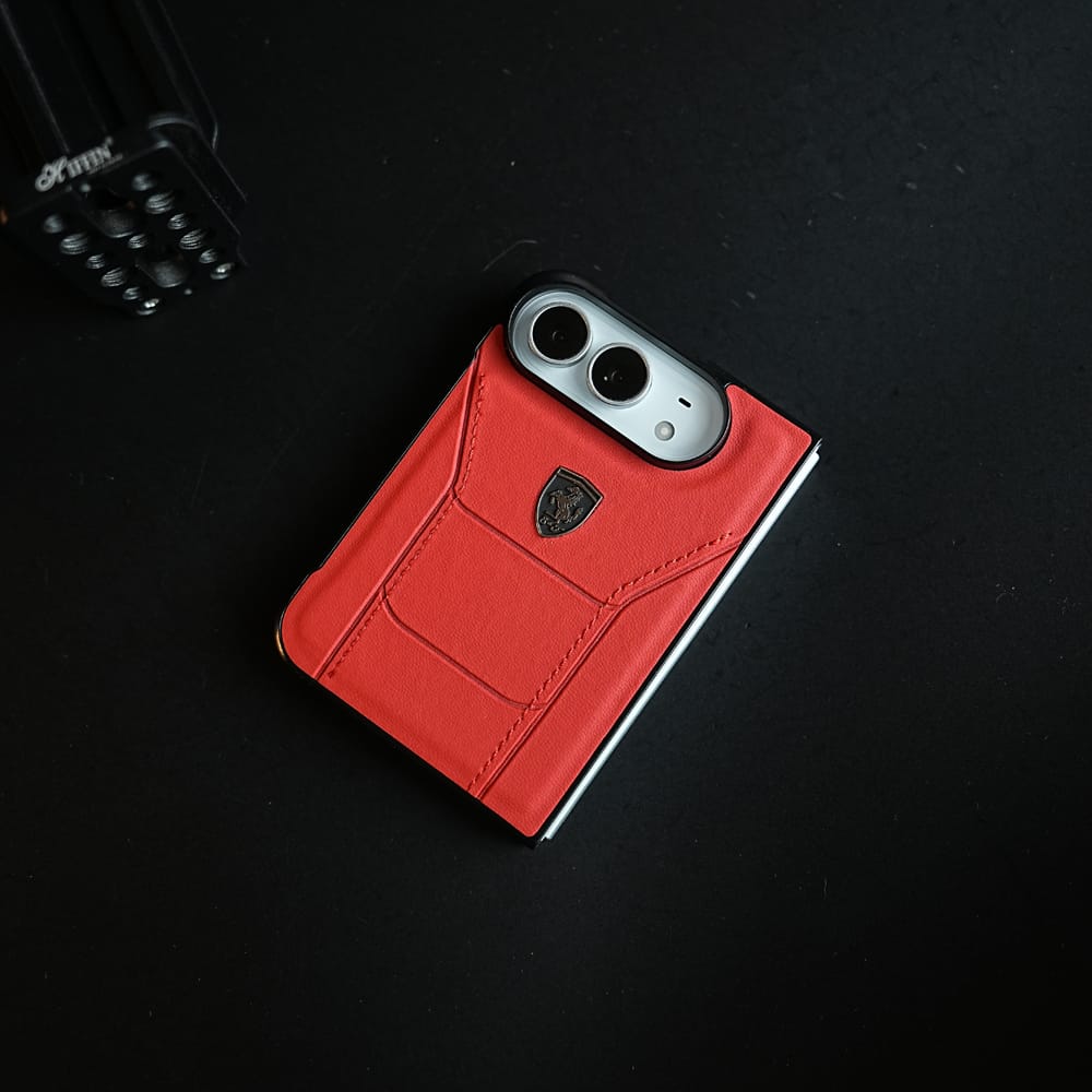 FRATO iPhone Fold Racing-Inspired Leather-Texture Case for iPhone Duo | Sporty Stitching &amp; Shield Emblem Design