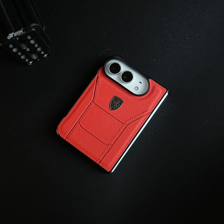 FRATO iPhone Fold Racing-Inspired Leather-Texture Case for iPhone Duo | Sporty Stitching &amp; Shield Emblem Design