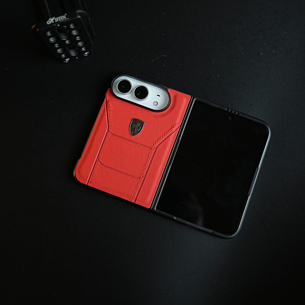 FRATO iPhone Fold Racing-Inspired Leather-Texture Case for iPhone Duo | Sporty Stitching &amp; Shield Emblem Design