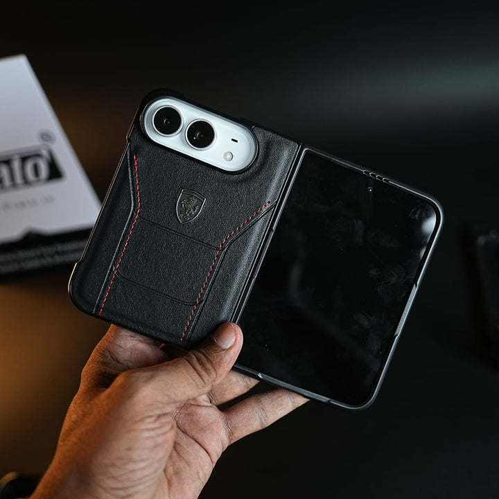 FRATO iPhone Fold Racing-Inspired Leather-Texture Case for iPhone Duo | Sporty Stitching &amp; Shield Emblem Design
