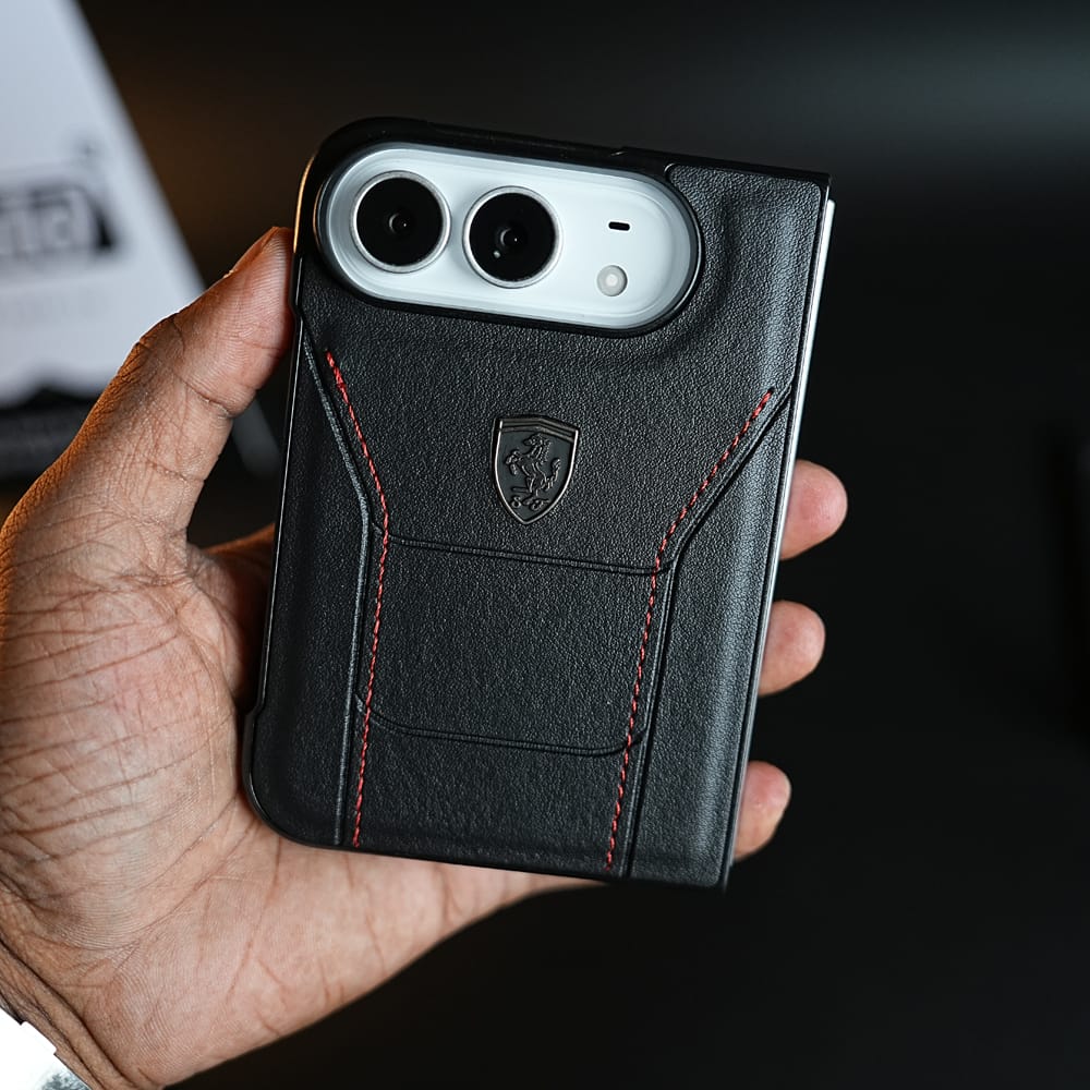 FRATO iPhone Fold Racing-Inspired Leather-Texture Case for iPhone Duo | Sporty Stitching &amp; Shield Emblem Design