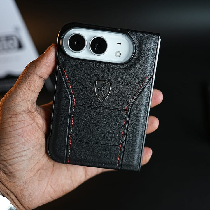 FRATO iPhone Fold Racing-Inspired Leather-Texture Case for iPhone Duo | Sporty Stitching &amp; Shield Emblem Design