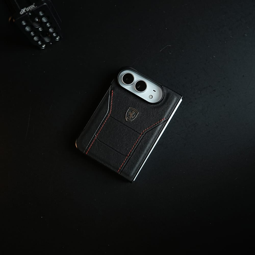 FRATO iPhone Fold Racing-Inspired Leather-Texture Case for iPhone Duo | Sporty Stitching &amp; Shield Emblem Design