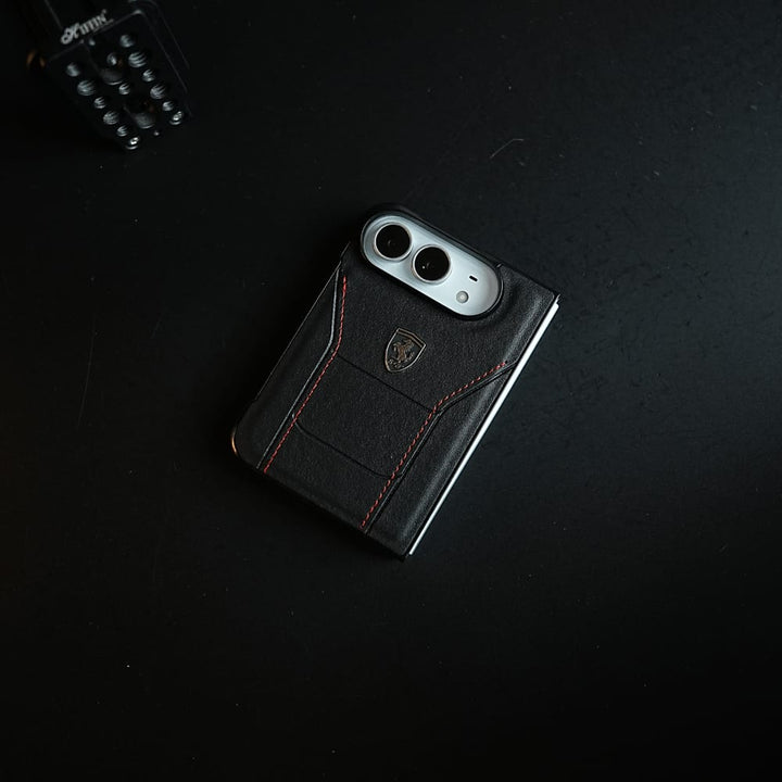 FRATO iPhone Fold Racing-Inspired Leather-Texture Case for iPhone Duo | Sporty Stitching &amp; Shield Emblem Design