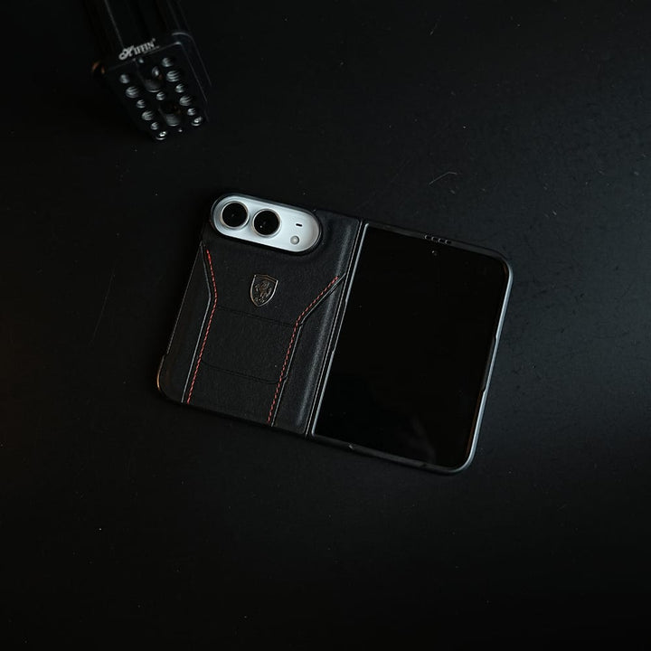 FRATO iPhone Fold Racing-Inspired Leather-Texture Case for iPhone Duo | Sporty Stitching &amp; Shield Emblem Design