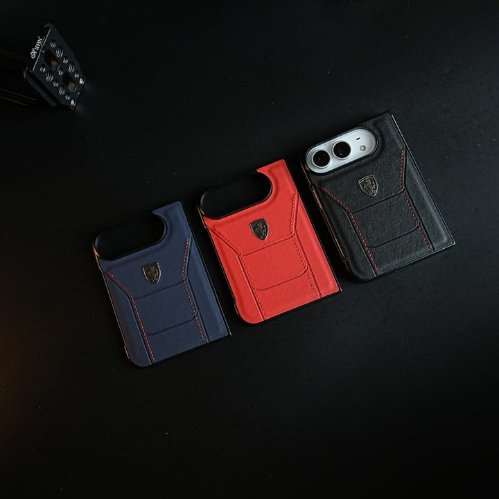 FRATO iPhone Fold Racing-Inspired Leather-Texture Case for iPhone Duo | Sporty Stitching &amp; Shield Emblem Design