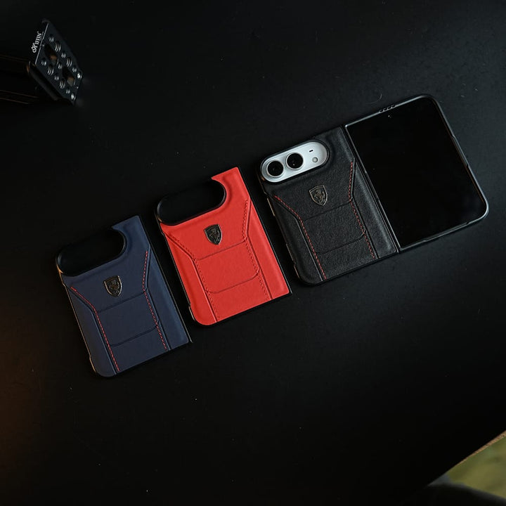 FRATO iPhone Fold Racing-Inspired Leather-Texture Case for iPhone Duo | Sporty Stitching &amp; Shield Emblem Design