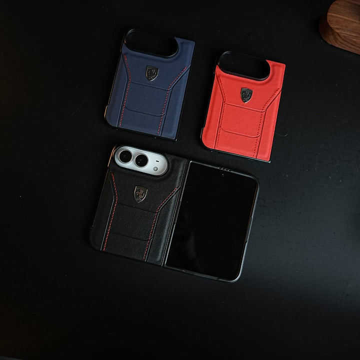 FRATO iPhone Fold Racing-Inspired Leather-Texture Case for iPhone Duo | Sporty Stitching &amp; Shield Emblem Design
