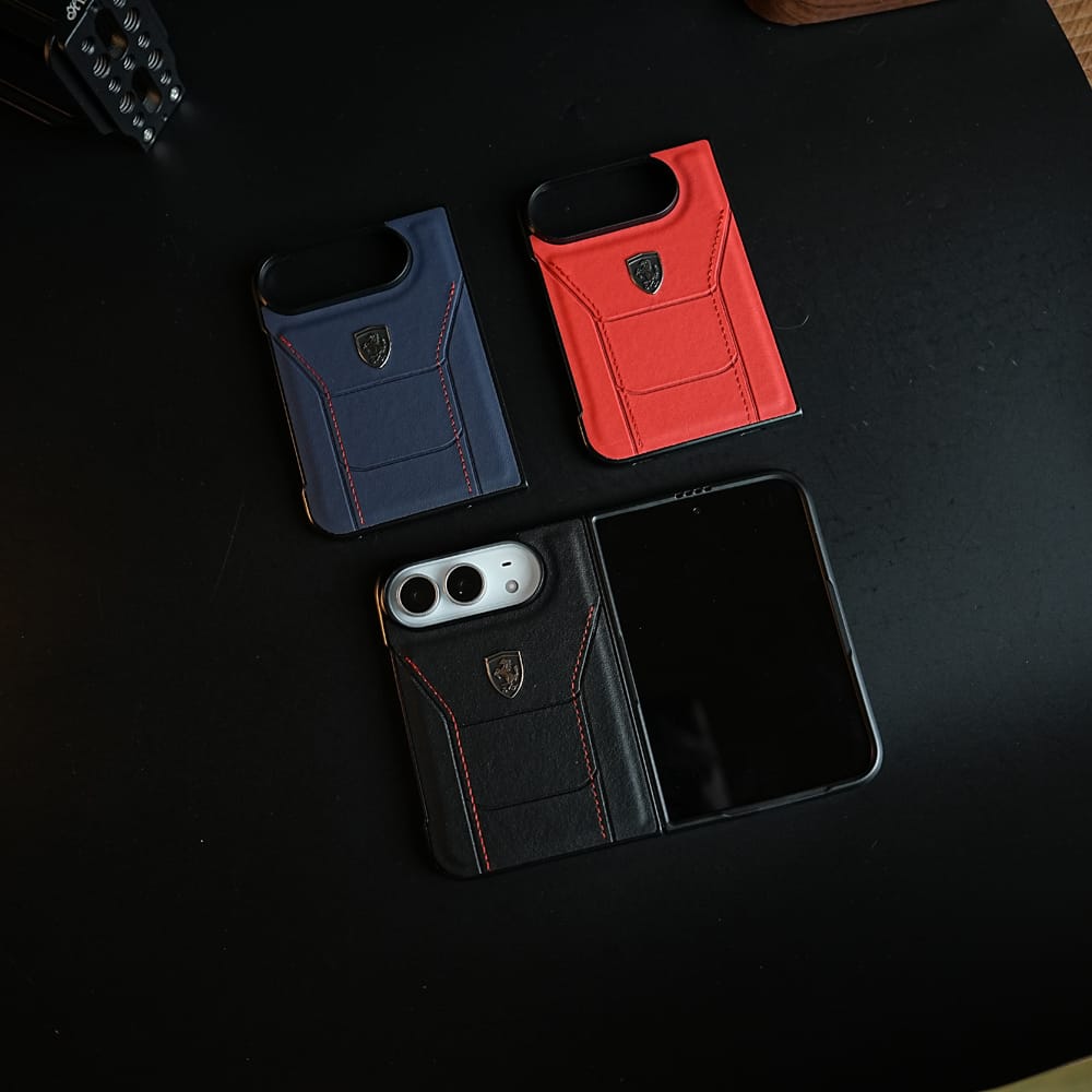 FRATO iPhone Fold Racing-Inspired Leather-Texture Case for iPhone Duo | Sporty Stitching &amp; Shield Emblem Design