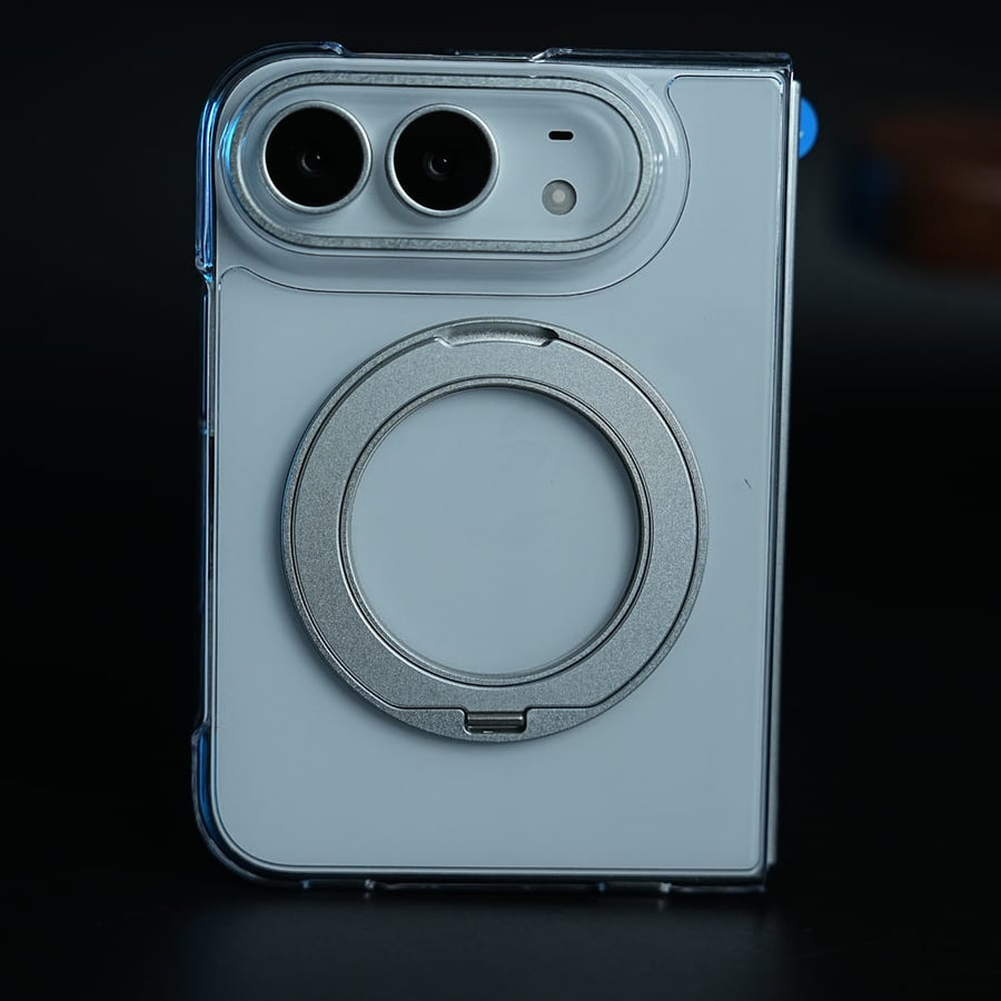 FRATO iPhone Fold Silver Crystal Clear Case for iPhone Duo | 360° Rotating Metal Stand | Front Glass | Metal Camera Ring
