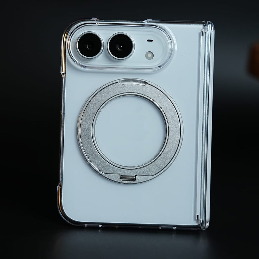 FRATO iPhone Fold Silver Crystal Clear Case for iPhone Duo | 360° Rotating Metal Stand & Hinge Protection