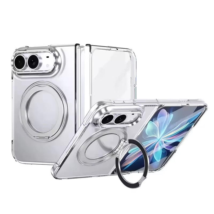 FRATO iPhone Fold Silver Premium 360° Rotating Ring Stand Case for iPhone Duo | Crystal Clear Cover with Camera Protection &amp; Built-In Front Glass