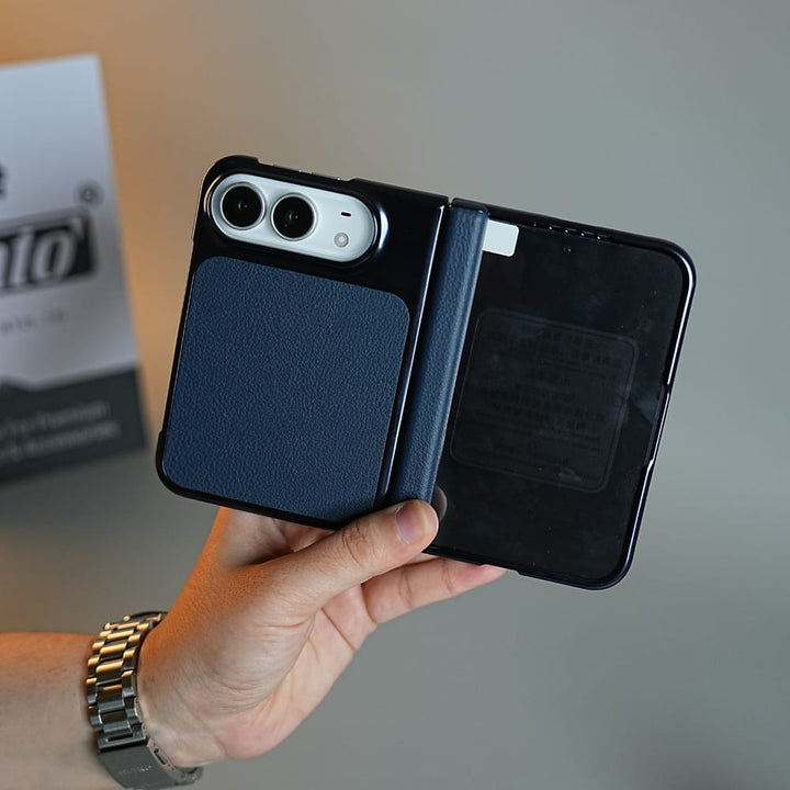 FRATO iPhone Fold Textured Leather Case for iPhone Duo with Front Glass, Matte Chrome Finish &amp; Hinge Protection