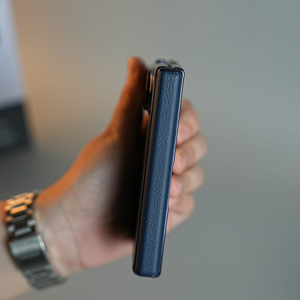 FRATO iPhone Fold Textured Leather Case for iPhone Duo with Front Glass, Matte Chrome Finish &amp; Hinge Protection