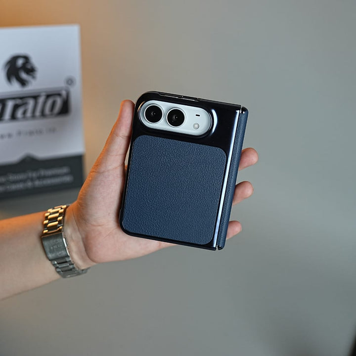 FRATO iPhone Fold Textured Leather Case for iPhone Duo with Front Glass, Matte Chrome Finish &amp; Hinge Protection