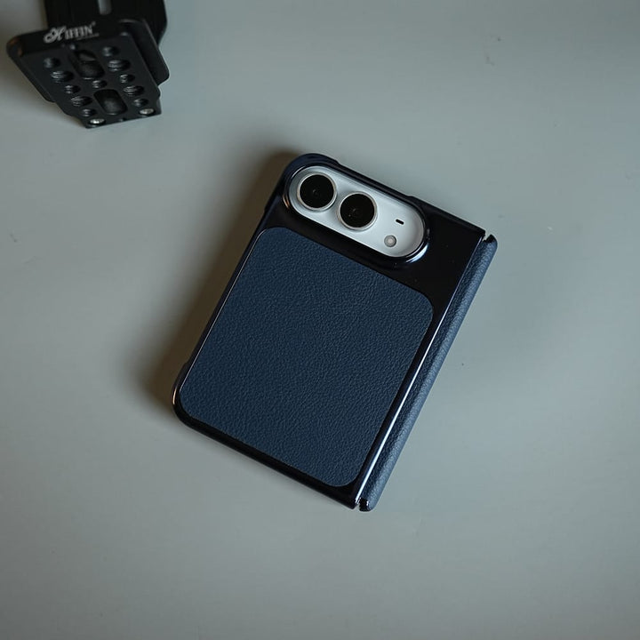 FRATO iPhone Fold Textured Leather Case for iPhone Duo with Front Glass, Matte Chrome Finish &amp; Hinge Protection