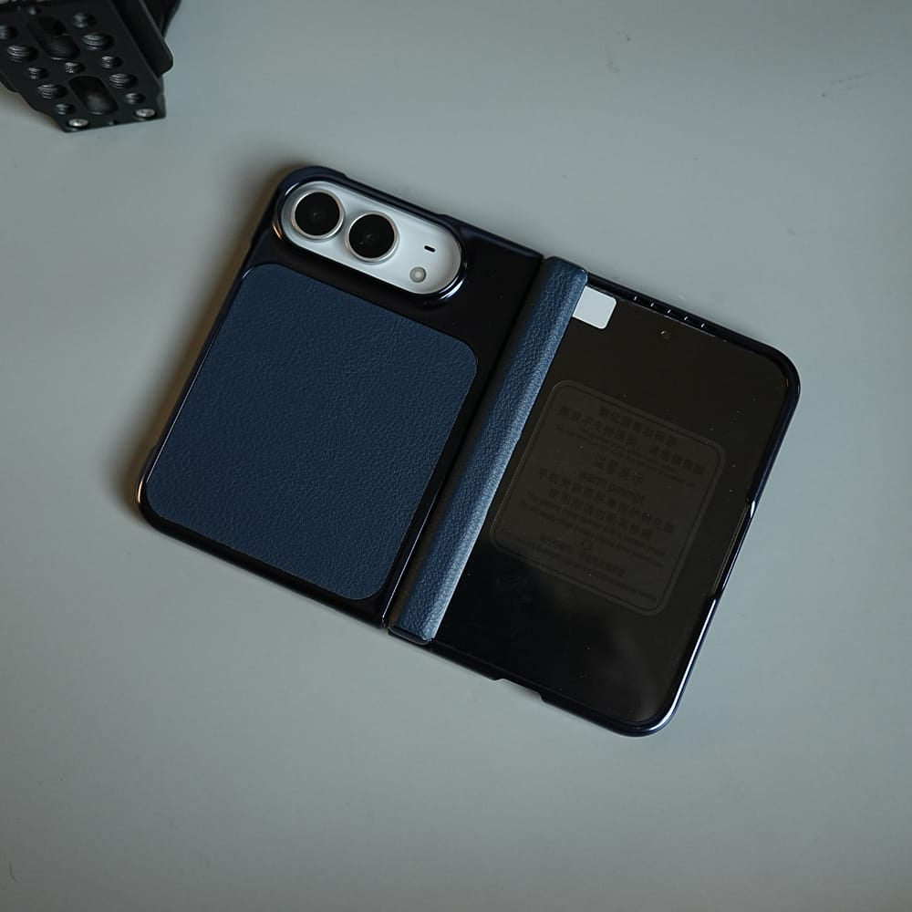 FRATO iPhone Fold Textured Leather Case for iPhone Duo with Front Glass, Matte Chrome Finish &amp; Hinge Protection