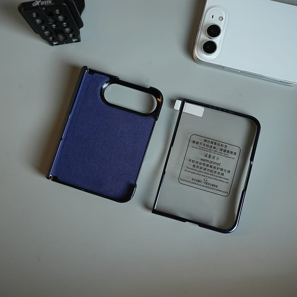 FRATO iPhone Fold Textured Leather Case for iPhone Duo with Front Glass, Matte Chrome Finish &amp; Hinge Protection