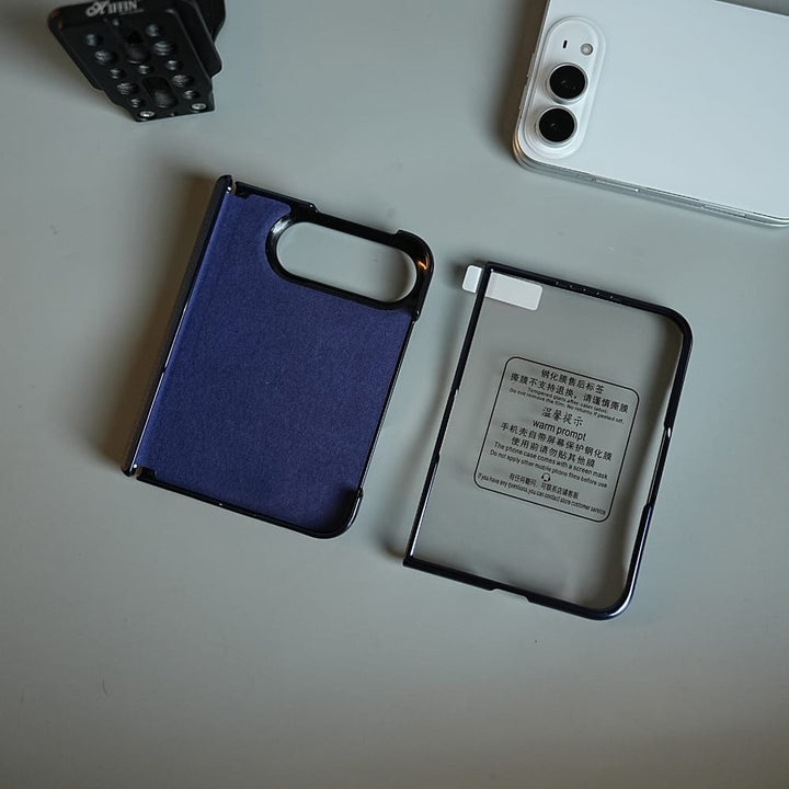 FRATO iPhone Fold Textured Leather Case for iPhone Duo with Front Glass, Matte Chrome Finish &amp; Hinge Protection