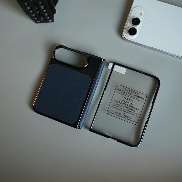 FRATO iPhone Fold Textured Leather Case for iPhone Duo with Front Glass, Matte Chrome Finish &amp; Hinge Protection