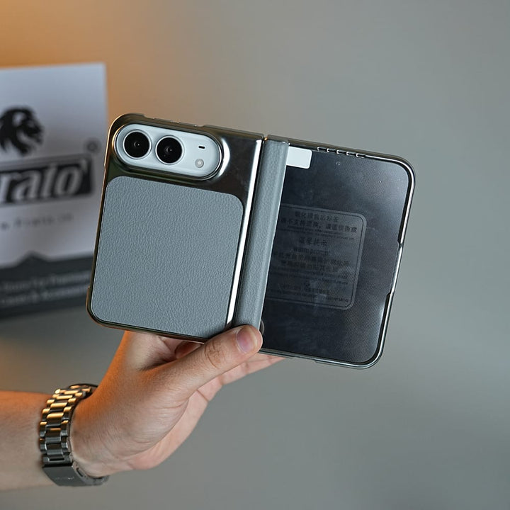 FRATO iPhone Fold Textured Leather Case for iPhone Duo with Front Glass, Matte Chrome Finish &amp; Hinge Protection