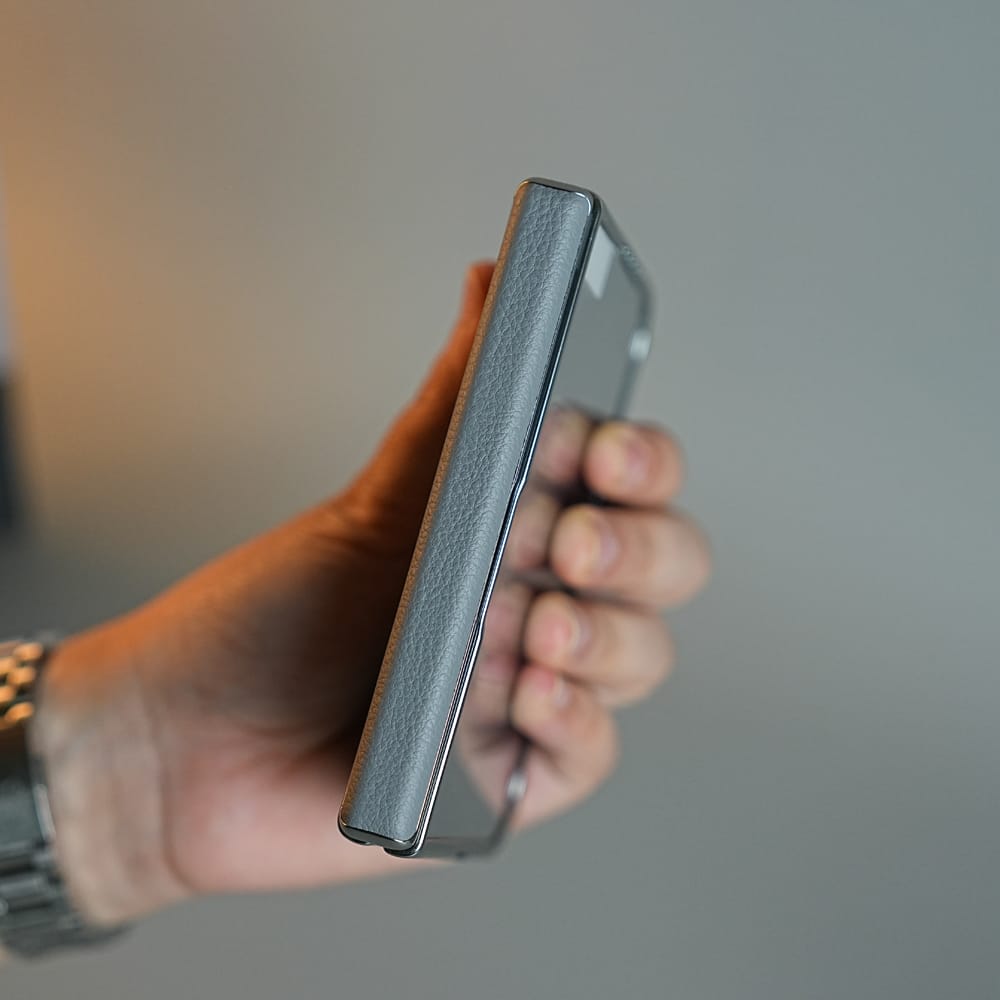 FRATO iPhone Fold Textured Leather Case for iPhone Duo with Front Glass, Matte Chrome Finish &amp; Hinge Protection