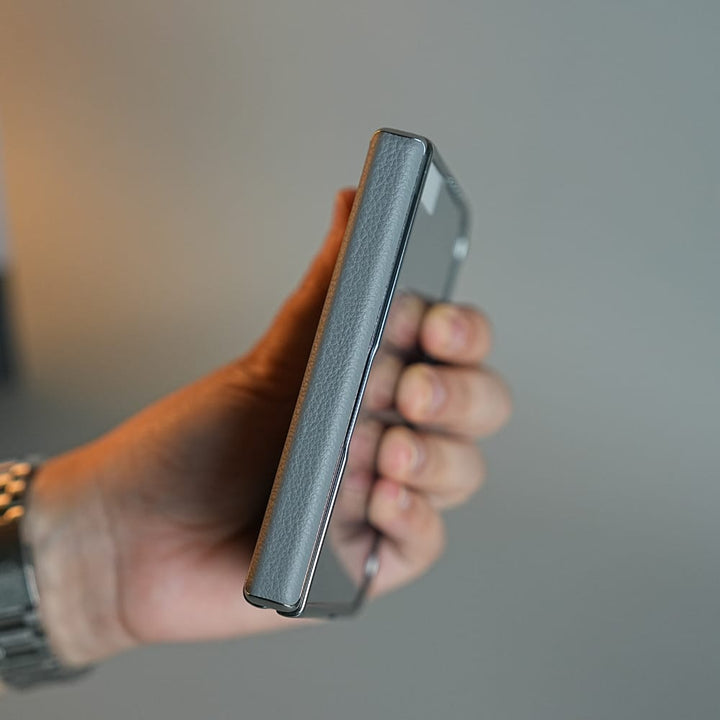 FRATO iPhone Fold Textured Leather Case for iPhone Duo with Front Glass, Matte Chrome Finish &amp; Hinge Protection