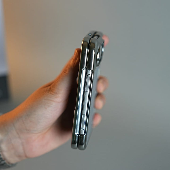 FRATO iPhone Fold Textured Leather Case for iPhone Duo with Front Glass, Matte Chrome Finish &amp; Hinge Protection