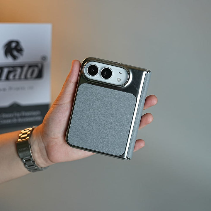 FRATO iPhone Fold Textured Leather Case for iPhone Duo with Front Glass, Matte Chrome Finish &amp; Hinge Protection