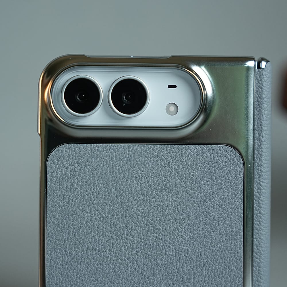 FRATO iPhone Fold Textured Leather Case for iPhone Duo with Front Glass, Matte Chrome Finish &amp; Hinge Protection