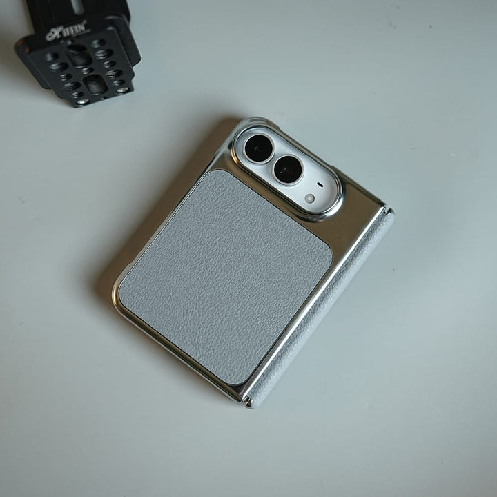 FRATO iPhone Fold Textured Leather Case for iPhone Duo with Front Glass, Matte Chrome Finish &amp; Hinge Protection