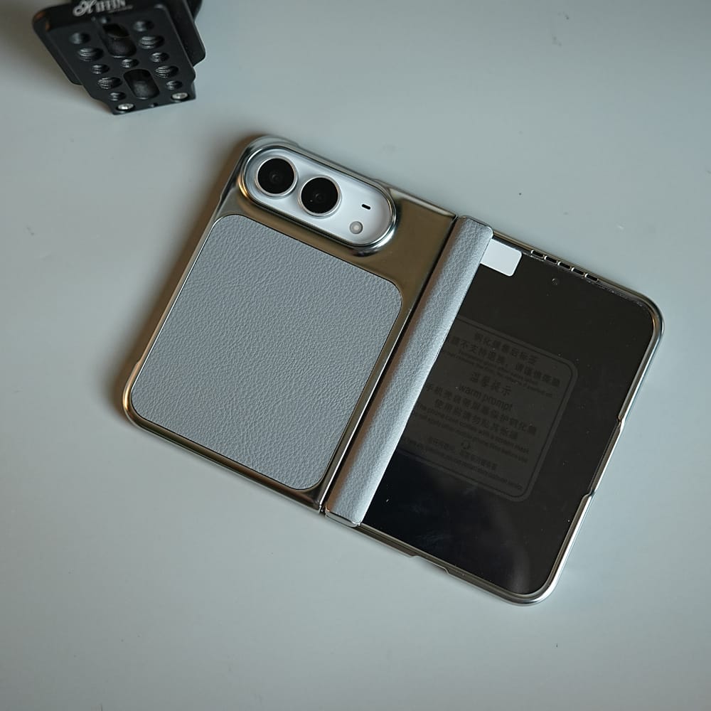 FRATO iPhone Fold Textured Leather Case for iPhone Duo with Front Glass, Matte Chrome Finish &amp; Hinge Protection
