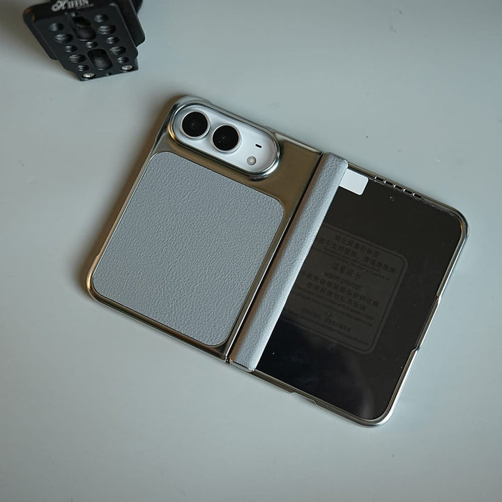 FRATO iPhone Fold Textured Leather Case for iPhone Duo with Front Glass, Matte Chrome Finish &amp; Hinge Protection