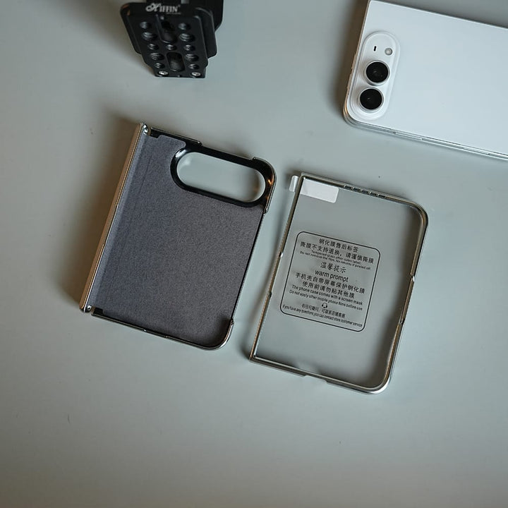 FRATO iPhone Fold Textured Leather Case for iPhone Duo with Front Glass, Matte Chrome Finish &amp; Hinge Protection