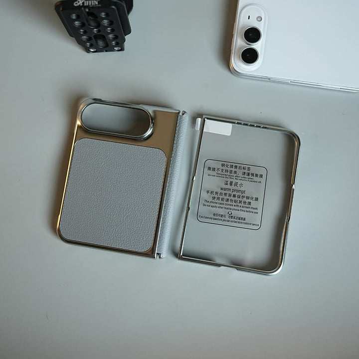 FRATO iPhone Fold Textured Leather Case for iPhone Duo with Front Glass, Matte Chrome Finish &amp; Hinge Protection