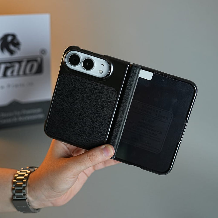 FRATO iPhone Fold Textured Leather Case for iPhone Duo with Front Glass, Matte Chrome Finish &amp; Hinge Protection