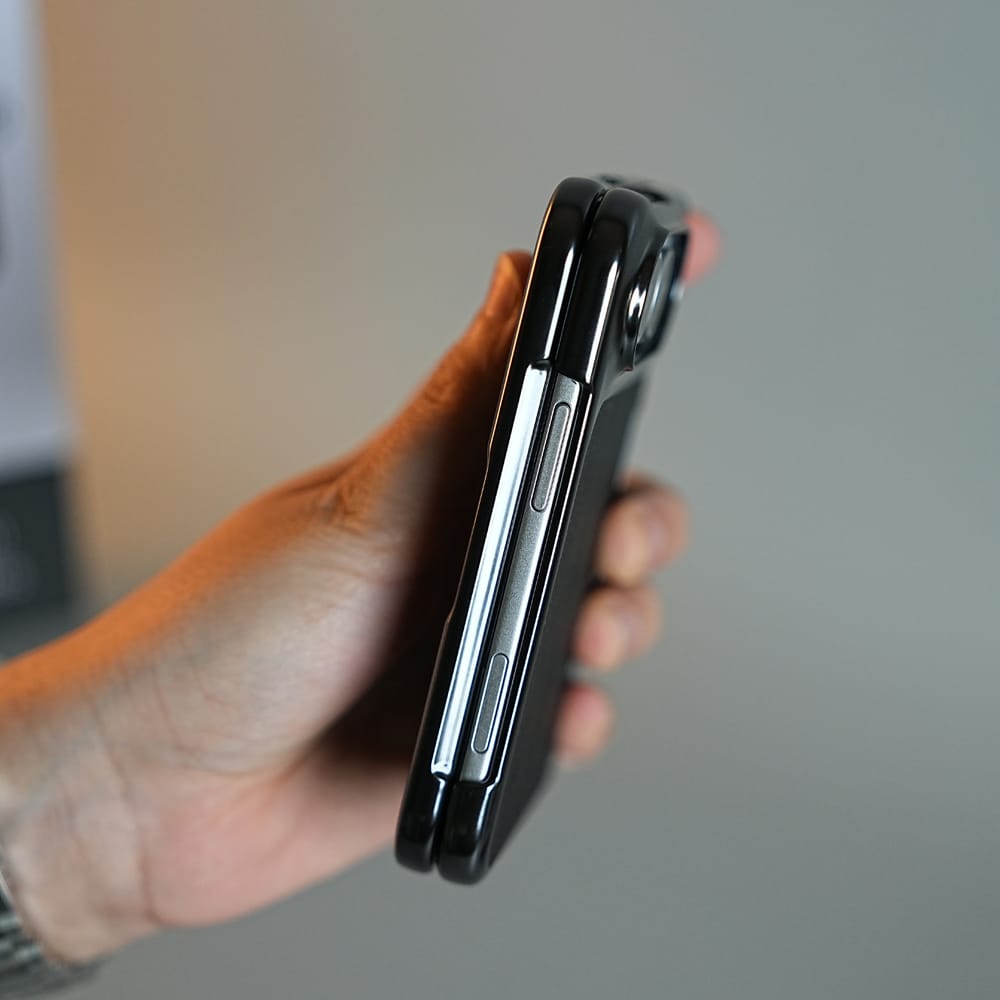 FRATO iPhone Fold Textured Leather Case for iPhone Duo with Front Glass, Matte Chrome Finish &amp; Hinge Protection