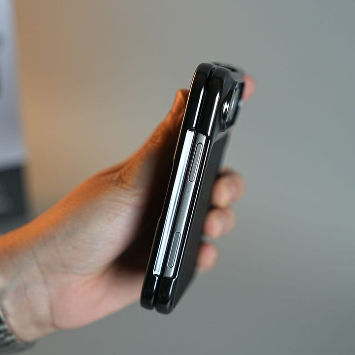 FRATO iPhone Fold Textured Leather Case for iPhone Duo with Front Glass, Matte Chrome Finish &amp; Hinge Protection